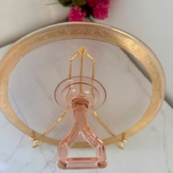 Vintage Pink Depression Glass Platter or Tea Tray with Gold Rim - Picture 3 of 7